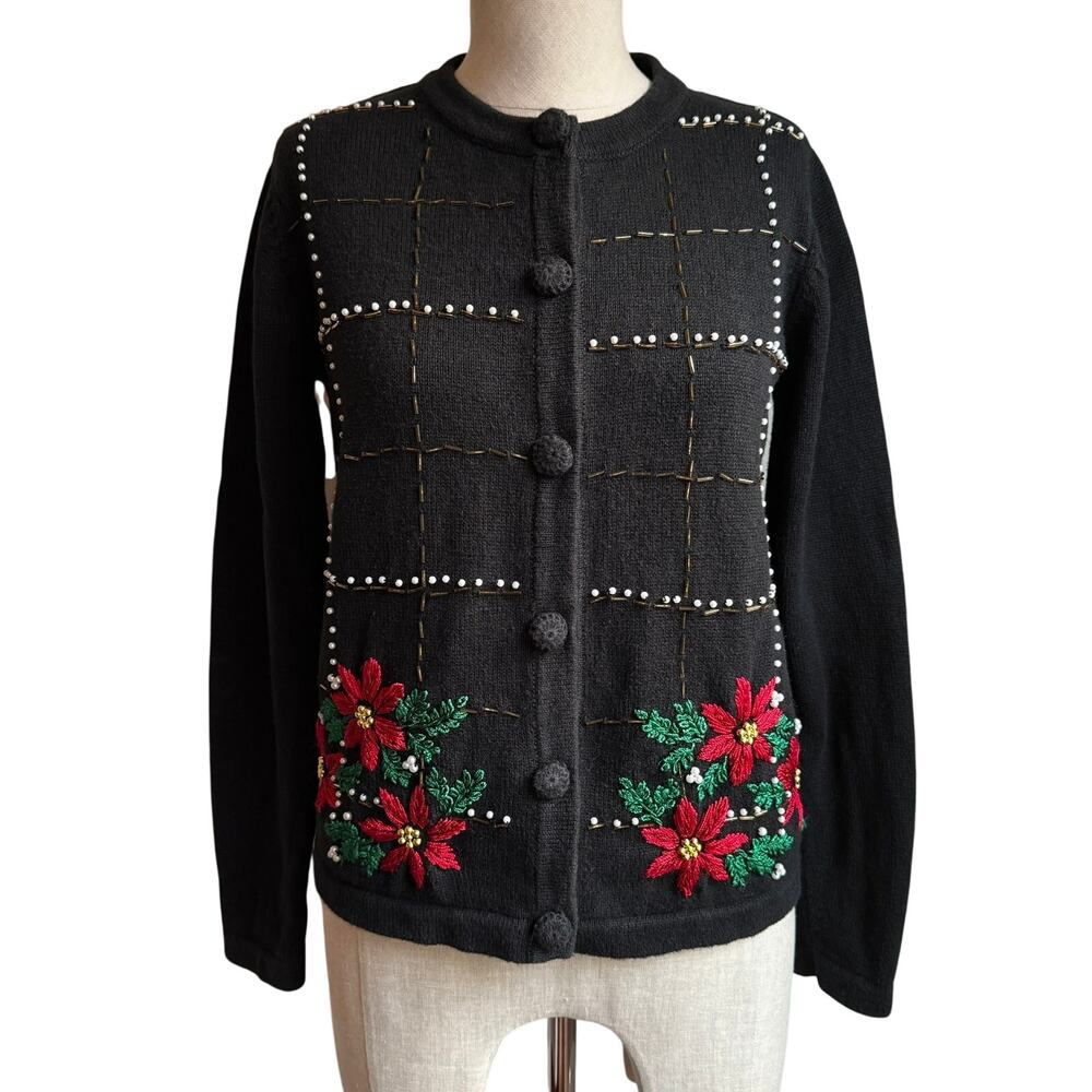 White Stag Black Poinsettia Embroidered Holiday Cardigan Women Small